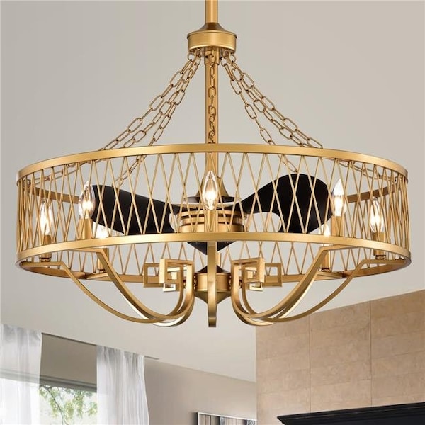 Warehouse Of Tiffany CFL-8472SB 31 in. Maku 3-Blade Fandelier with Metal Drum Open Cage; Matte Gold CFL-8472SB - main